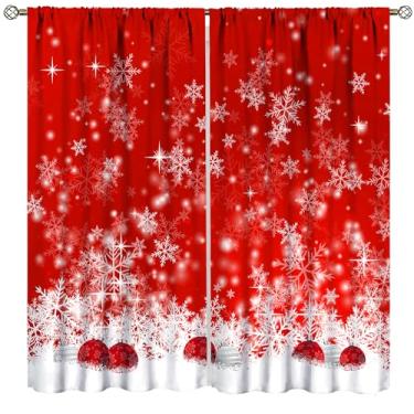Imagem de Cortinas de Natal, flocos de neve vermelhos e brancos, Natal, Ano Novo, cortinas para quarto, sala de estar, cozinha, janela, tratamento de 2 painéis, conjunto de 2 painéis, tamanho total 106,7 cm L x