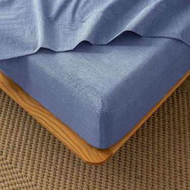 Imagem de MooMee Lençol de baixo com elástico 100% algodão lavado, como textura, respirável, durável, macio, confortável, bolso profundo cabe em colchões de até 43 cm (azul, Queen) Novo