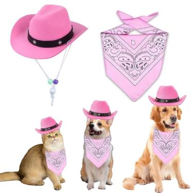 Imagem de LEKTIST Fantasia de cowboy para animais de estimação, fantasias de Halloween para cães, gatos, chapéu de caubói com lenço bandana (rosa, pequeno)