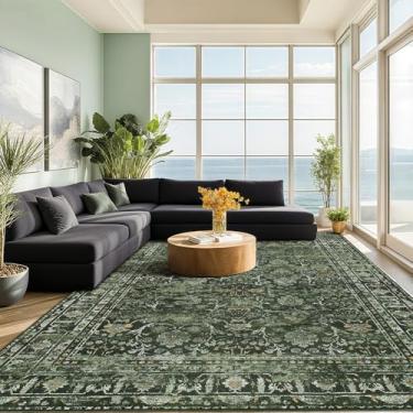 Imagem de Tapetes de área de 20 x 25 cm para sala de estar, antiderrapante, lavável, tapete grande, durável e macio, vintage para quarto, sala de jantar, decoração de escritório em casa, verde escuro