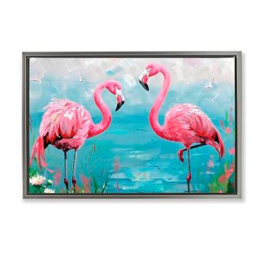 Imagem de Stupell Industries Arte de parede em tela flutuante com moldura cinza Flamingo Lagoon, design da LSR Design Studio, 43 x 63 cm