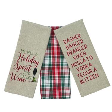 Imagem de Toalhas de mão para cozinha festiva – Conjunto de 3 100% algodão bege xadrez engraçado citação vinho e rena bebendo tema design – 63,5 cm x 38,1 cm toalhas multiuso para uso diário