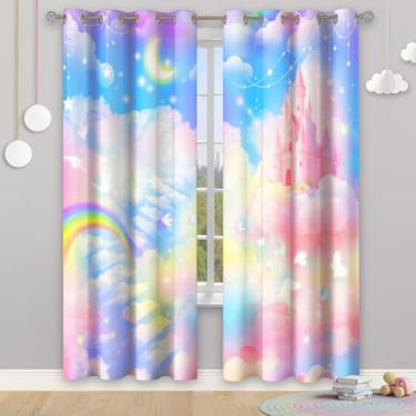 Imagem de HIYSMT Cortinas de castelo arco-íris pastel para quarto de meninas com nuvens de sonhos de conto de fadas e lua estrelada cortina blackout rosa arte impressa bebê berçário princesa feminina cortinas