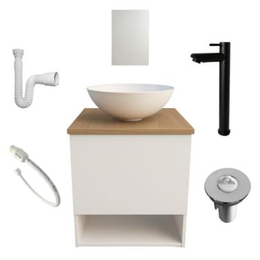 Imagem de Gabinete Banheiro 40cm Armario Suspenso Madeira Cuba Espelho Torneira Conjunto Completo