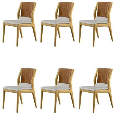 Imagem de Kit 6 Cadeiras Decorativas Sala de Jantar Madeira Maciça Bruyne PU/Linho Marrom/Bege  - Gran Belo