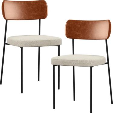 Imagem de Kit 02 Cadeiras Estofadas Para Sala De Jantar Melina L02 Couríssimo Camel Linho Champagne - Lyam Decor