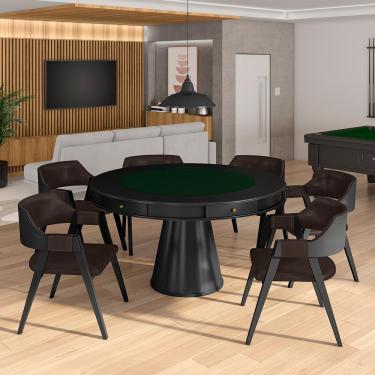 Imagem de Conjunto Mesa de Jogos Carteado Bellagio Tampo Reversível e 6 Cadeiras Madeira Poker Base Cone PU Marrom/Preto G42 - Gran Belo