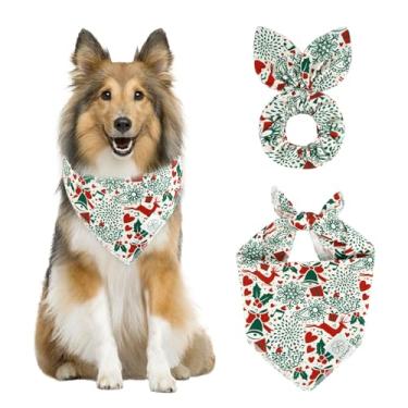 Imagem de E-Clover Conjunto de bandanas para cães de Natal e scrunchie combinando, branco, verde, vermelho, cachecol babador, bandana para animais de estimação com gravata borboleta para cães médios e grandes