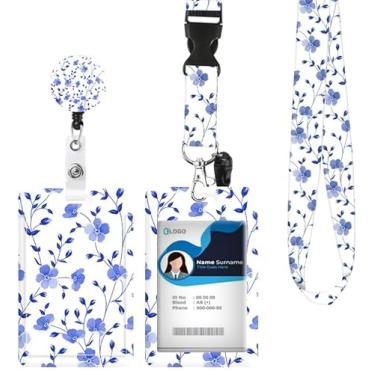 Imagem de Porta-crachá de identificação com cordão retrátil e chaveiro, carretel de crachá com mosquetão giratório, flor abstrata florescendo cartão nome etiqueta cordão protetor de identificação clipes para