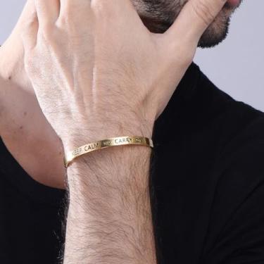 Imagem de Pulseira masculina ajustável, frase inspiradora Keep Calm and Carry On, acessório minimalista, banhado a ouro/preto, pulseira de aço inoxidável, Large, Aço inoxidável, Sem Pedra Preciosa