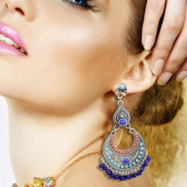 Imagem de Brincos femininos indianos do Oriente Médio tribal vintage lua crescente pedra azul Jhumki Jhumka Banjara Kuchi dança do ventre brincos oxidados ciganos, One size, Liga de aço, Sem pedra preciosa