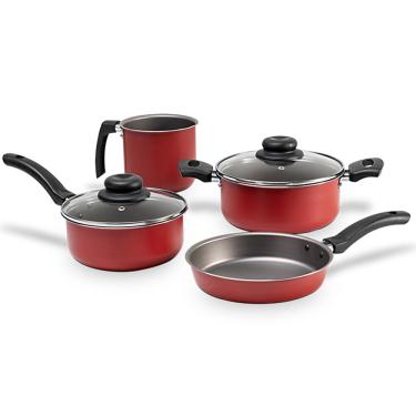 Imagem de Conjunto de Panelas 4 Peças Brinox Ruby com Revestimento Interno Antiaderente Pro-Flon e Tampas de Vidro com Saída de Vapor - Vermelho