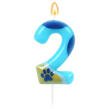 Imagem de IDIJOLI Vela azul de 2º aniversário, pata de cachorro e gato, número 2 velas, enfeite de bolo de aniversário, decorações de cupcake para meninos e cães, decoração de festa, aniversário, celebrações