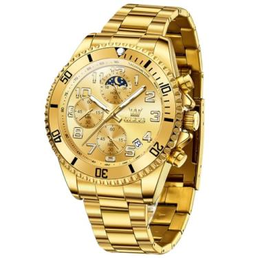 Imagem de OLEVS Relógios masculinos clássicos, de aço inoxidável, com mostrador grande, casual, de quartzo, analógico, à prova d'água, de quartzo, moderno, fácil de ler, mostrador masculino, azul/preto/dourado