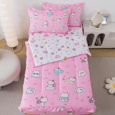 Imagem de lishjekee Jogo de cama infantil solteiro com zíper, gato rosa, lençol com estampa de coração e fronhas, tudo em um com zíper, para todas as estações, decoração de casa
