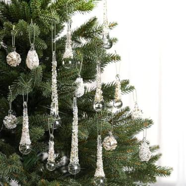 Imagem de FillTouch 24 peças de enfeites de gota de gelo de vidro de Natal vintage enfeites de pendurar gota de chuva lustre transparente decoração de árvore de Natal suprimentos de festa de inverno (folha