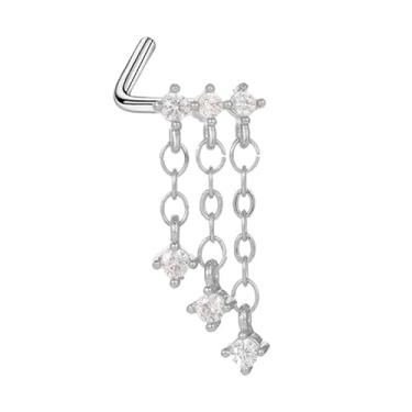 Imagem de Niaspi Anel de nariz feminino com borla de zircônia cúbica de 20 g de aço inoxidável minúsculo strass em forma de L para piercing de nariz pendente, joia de piercing de narina, 20g, Aço inoxidável