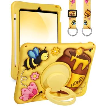 Imagem de Boaretiu Capa para iPad 9ª/8ª/7ª geração - Desenho fofo com alça de ombro e suporte giratório e suporte para lápis para meninas, meninos, adolescentes, capa protetora de silicone macio amarelo de 10,2