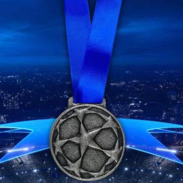 Imagem de Kit 10 Medalhas Para Futebol Premiação de Campeão Esporte liga dos Campeões 55mm Com Fita Azul (Prata)