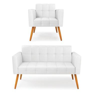 Imagem de Kit 1 Sofá Namoradeira E 1 Poltrona Elisa Corino Pés Palito Castanho - D'rossi Cor Branco