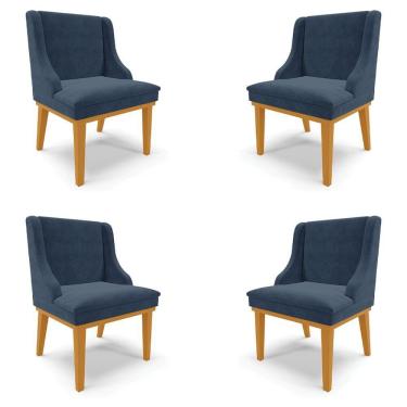 Imagem de Kit 4 Cadeiras Decorativas Sala De Jantar Base Fixa De Madeira Firenze Suede Azul Marinho/castanho