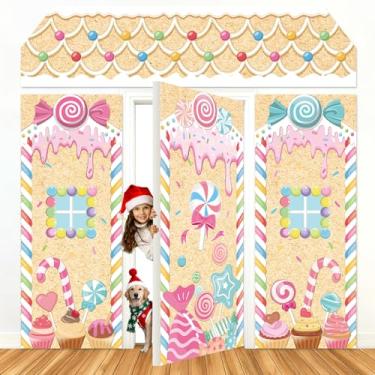 Imagem de FYSUIMU 4 peças de capa de porta de Natal doce candyland banner para pendurar sinal de varanda grande colorido doce pirulito casa pano de fundo para Natal, aniversário, chá de bebê, decoração de fotos