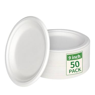 Imagem de Aricsen Pacote com 50 pratos de papel redondos compostáveis de 22 cm, branco natural, biodegradável, bagaço de cana de açúcar, sem PFA, pratos de jantar ecológicos para festa, casamento, piquenique