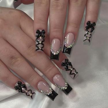Imagem de 24 peças de unhas postiças pretas francesas, unhas quadradas médias com design de strass, kit de unhas postiças de gel macio de acrílico natural, unhas postiças reutilizáveis para uso diário de festa