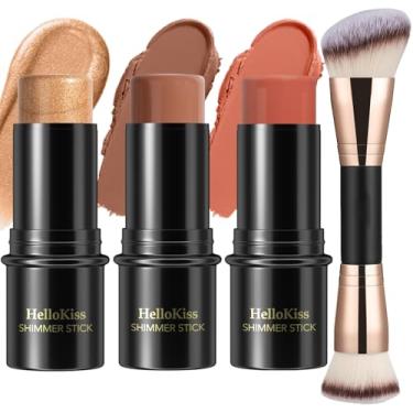 Imagem de Kit de maquiagem em bastão de contorno creme, tons com bastão de iluminador, bastão de blush e bastão de contorno de bronzeador para esculpir as bochechas, à prova d'água, acabamento fosco e orvalhado