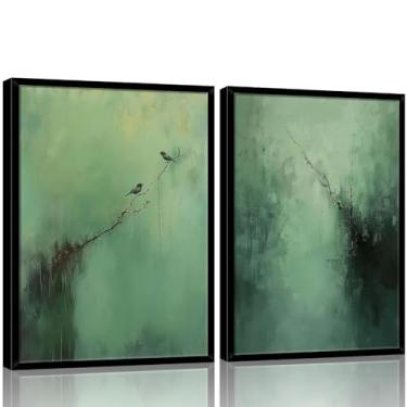 Imagem de Arte de parede em tela verde escura abstrata pintura de textura moderna com moldura de madeira pôster wabi sabi zen minimalista pássaros imagem impressão sala de estar quarto escritório pronto para