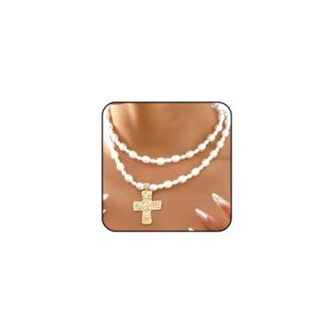 Imagem de Conjunto de colar com pingente de pérola com cruz dourada em camadas para mulheres com cruz martelada em negrito colar gargantilha ajustável com contas crucifixo acessórios de joias, Large, Metal, Sem