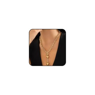 Imagem de Navirix Colar feminino com fivela de coração de ouro grosso com pingente de fecho de botão duplo hip-hop, corrente de amor, gargantilha, acessórios de joias, Large, Metal, Sem Pedra Preciosa