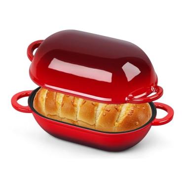 Imagem de Homikit Forno holandês de ferro fundido esmaltado para assar pão, panela oval de 2,8 litros com tampa, pão fermentado assadeira holandesa para assar, vermelho e resistente