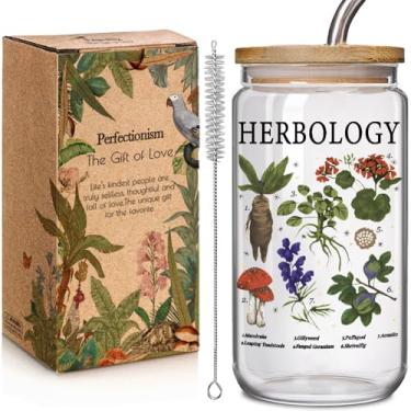 Imagem de Enanaimg Copo de vidro de bruxa Herbology, presentes de Natal para amantes de plantas, copo de vidro de 473 ml com tampas e canudos, presentes de bruxa, lindas plantas mágicas, xícaras de café geladas