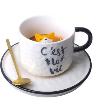Imagem de Xícara de Café com Gatinho C'est La Vie, Cerâmica Branca, 220ml, Decorativa com Gato Laranja Interior, 9x9cm
