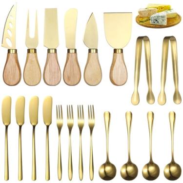 Imagem de Conjunto de facas de queijo e acessórios de charcutaria, 20 peças com 6 cortadores, garfos, colheres, espalhadores e pinças, cabos de madeira para serviço de manteiga e queijo