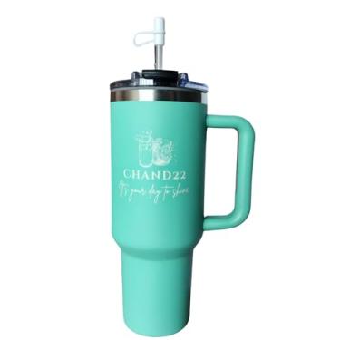 Imagem de Chand22 Copo isolado de aço inoxidável de parede dupla de 1,18 l com alça e 2 tampas à prova de vazamento | Capas de canudo de silicone | Adequado para porta-copos | Caneca de viagem para água, chá