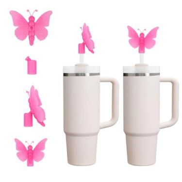 Imagem de Tampa de palha de silicone rosa vermelha fofa borboleta 3D para Stanley Copo de 30 e 1,134 g com alça, tampas de canudo reutilizáveis à prova de poeira de 10 mm