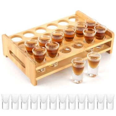 Imagem de Conjunto de 24 copos de shot com bandeja de madeira, copos de cristal de 11,3 g para uísque, tequila e bebidas mistas