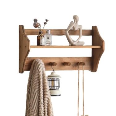 Imagem de HuiDao Ganchos de parede com prateleira, cabideiro de madeira maciça com prateleira montado na parede, prateleiras suspensas com 4 ganchos de madeira para roupas, chapéus, bolsa de toalha, roupões