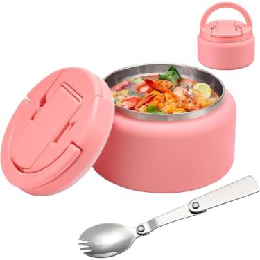 Imagem de BABHAMNESS Garrafa térmica de sopa de 382 g para comida quente infantil isolada a vácuo com tampa de fivela, recipiente de almoço de aço inoxidável à prova de vazamento de boca larga com colher-rosa