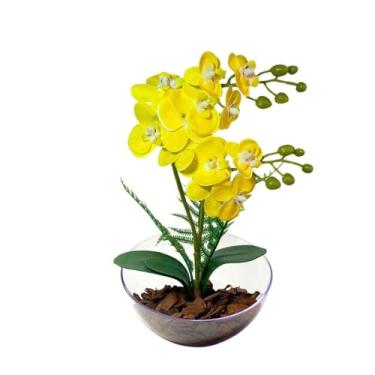 Imagem de Planta Artificial – Arranjo de Orquídeas Real Toque em Vaso Lua para Decoração de Casa e Escritório(Amarela)