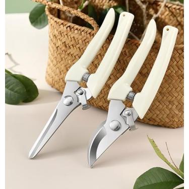 Imagem de Conjunto de 2 tesouras de poda de jardim, tesouras de lâmina reta e bypass resistente para jardinagem, corte e corte de flores, cabo ergonômico de mola