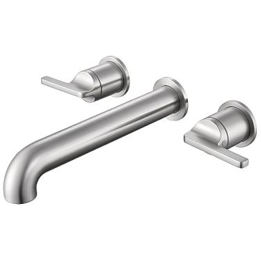 Imagem de SITGES Enchimento de banheira de latão sólido para montagem na parede, bico longo de 25,4 cm, torneira de banheira com duas alavancas, design de ponta, torneira de banheira de alto fluxo com válvula