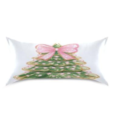Imagem de ATTX Fronha de almofada de árvore de Natal com laço rosa com fecho de envelope para cabelo e pele, macia, respirável, suave, ambos os lados, capa de almofada de seda refrescante (King 50 cm × 101 cm