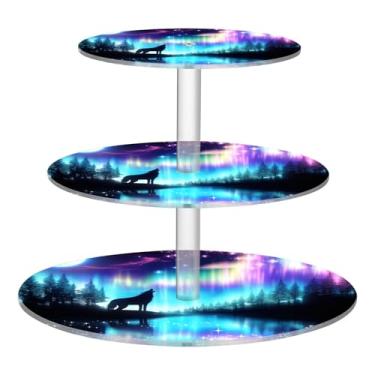 Imagem de Blueangle Suporte redondo de cupcake de 3 camadas – Torre de sobremesa de acrílico Aurora Boreal Lobo, suporte de sobremesa em camadas antiderrapante para chá de bebê, aniversário, festa de casamento