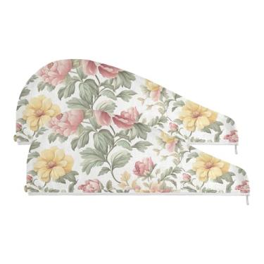 Imagem de SEHANY Toalha de cabelo de microfibra de flores coloridas elegantes para mulheres, 2 peças, turbantes de cabelo de secagem rápida com botão, touca de cabelo seco absorvente toalha de secagem de cabelo