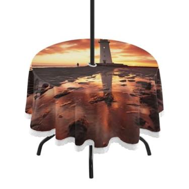 Imagem de ATTX Toalha de mesa redonda Sunset Lighthouse ao ar livre – 152 cm, impermeável, à prova de derramamento, uso interno/externo, com orifício para guarda-chuva com zíper para acampamento, piquenique