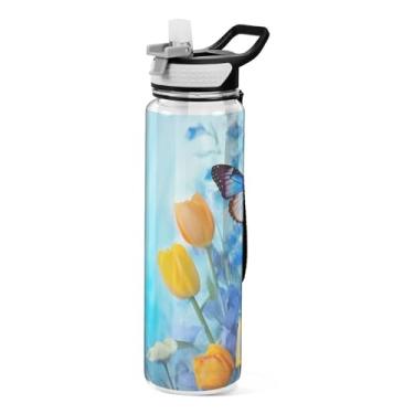 Imagem de ATTX Garrafa de água Blue Beautiful Butterfles, 947 ml, à prova de vazamento e livre de BPA, garrafas de água reutilizáveis de plástico Tritan para viagens, academia, fitness, corrida #500