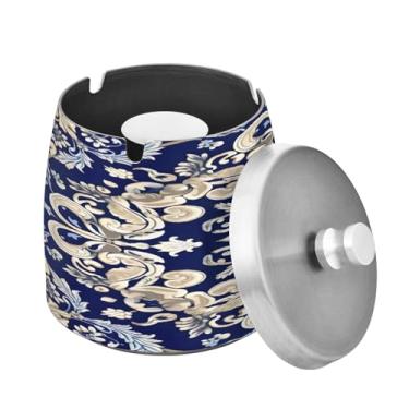 Imagem de Blueangle Cinzeiro padrão azul branco com tampa para cigarros, à prova de vento/chuva, aço inoxidável, sem fumaça, inodoro, cinzeiro para uso interno ou externo (369)